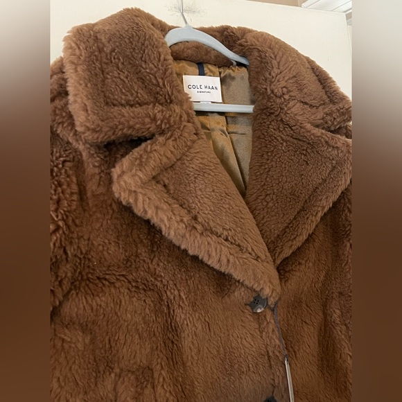 Cole Haan Signature Designer Brown Faux Fur Wool Blend Coat Size XL - Picture 14 of 16